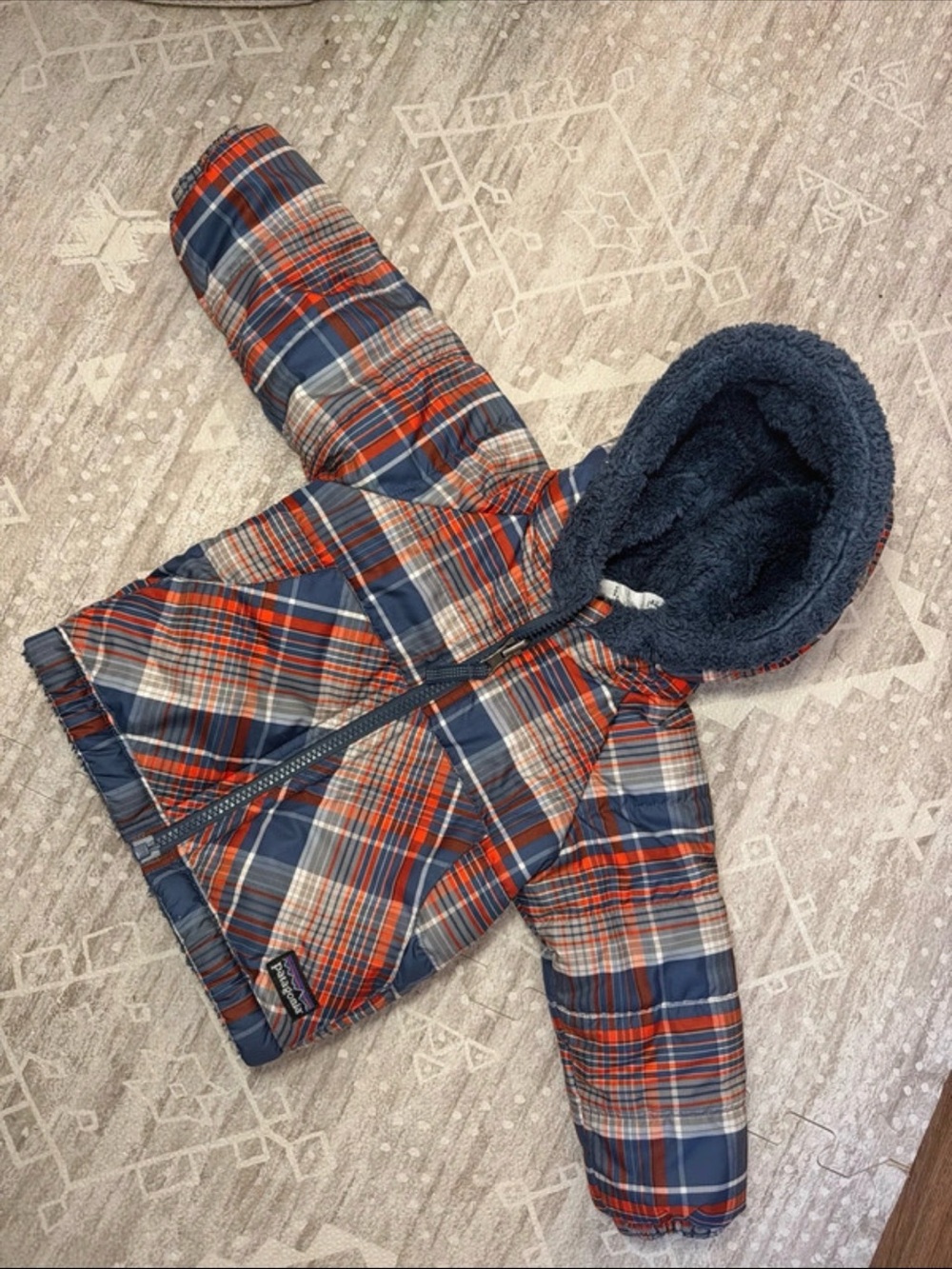 Patagonia Kids Navy, Red & White Plaid Hooded Puffer Jacket